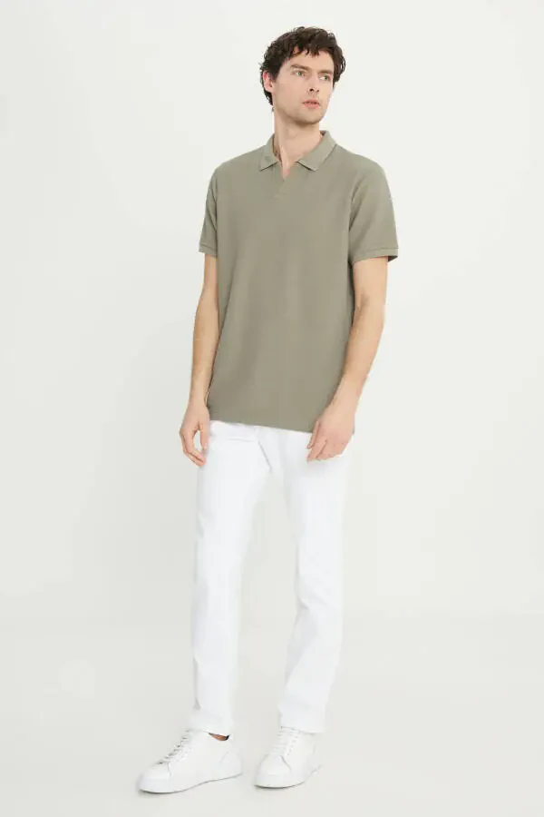 Men's Khaki Slim Fit Narrow Cut Polo Collar Jacquard Stretch T-Shirt - 2
