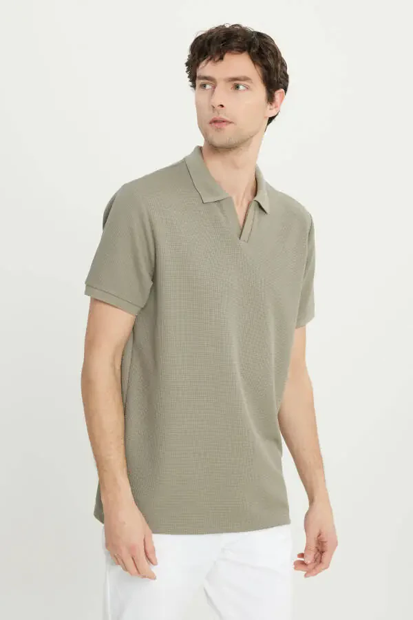 Men's Khaki Slim Fit Narrow Cut Polo Collar Jacquard Stretch T-Shirt - 3
