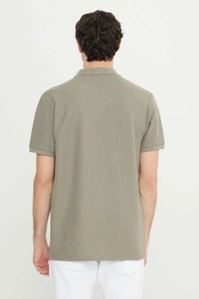 Men's Khaki Slim Fit Narrow Cut Polo Collar Jacquard Stretch T-Shirt - 5