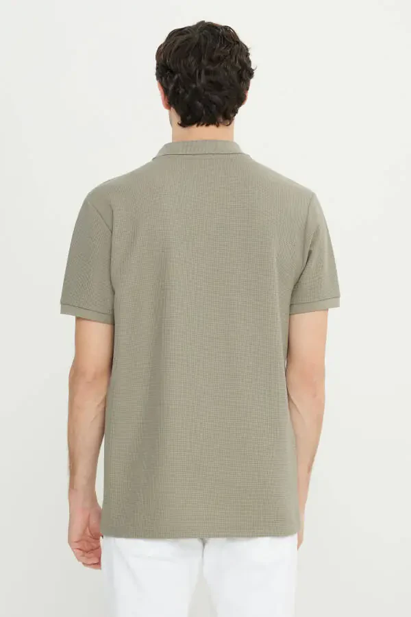 Men's Khaki Slim Fit Narrow Cut Polo Collar Jacquard Stretch T-Shirt - 5