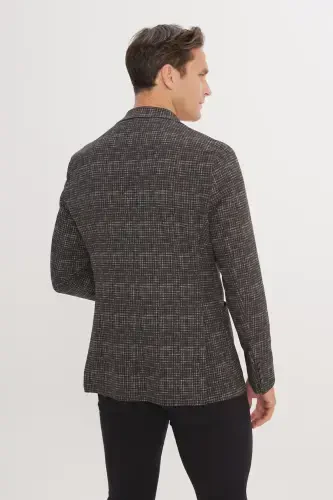 Men's Khaki Slim Fit Narrow Cut Single Collar Houndstooth Patterned Blazer Jacket-Khaki - 5