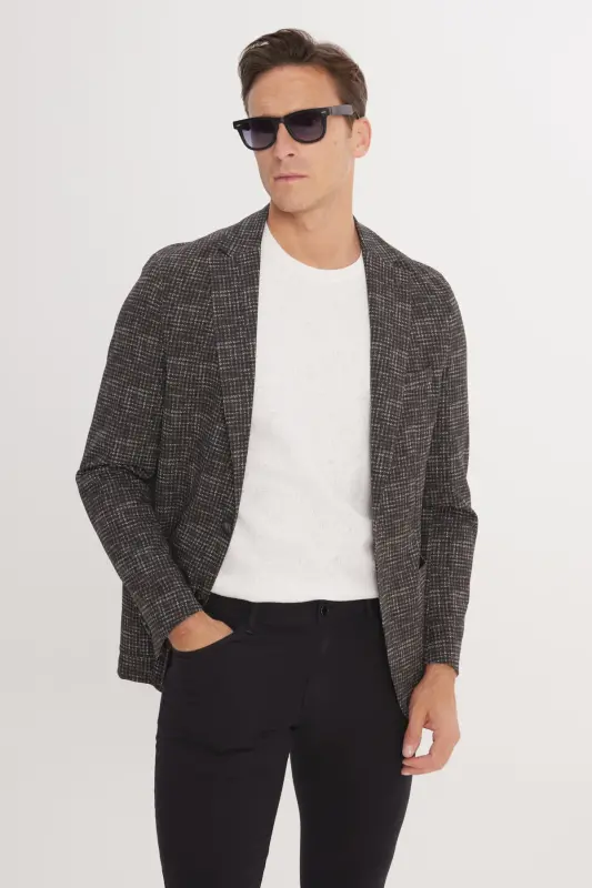 Men's Khaki Slim Fit Narrow Cut Single Collar Houndstooth Patterned Blazer Jacket-Khaki - ALTINYILDIZ CLASSICS