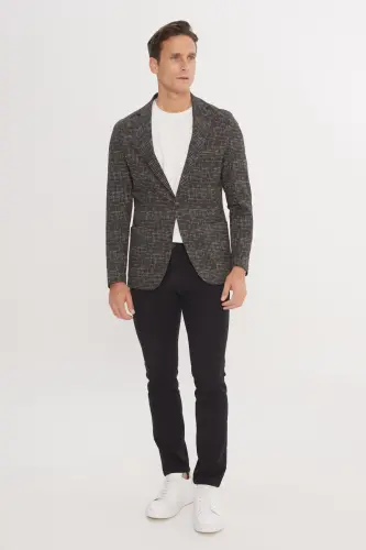 Men's Khaki Slim Fit Narrow Cut Single Collar Houndstooth Patterned Blazer Jacket-Khaki - ALTINYILDIZ CLASSICS (1)