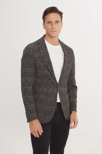 Men's Khaki Slim Fit Narrow Cut Single Collar Houndstooth Patterned Blazer Jacket-Khaki - 3
