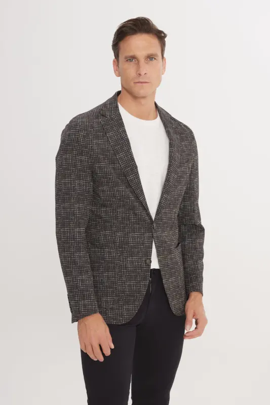 Men's Khaki Slim Fit Narrow Cut Single Collar Houndstooth Patterned Blazer Jacket-Khaki - 3