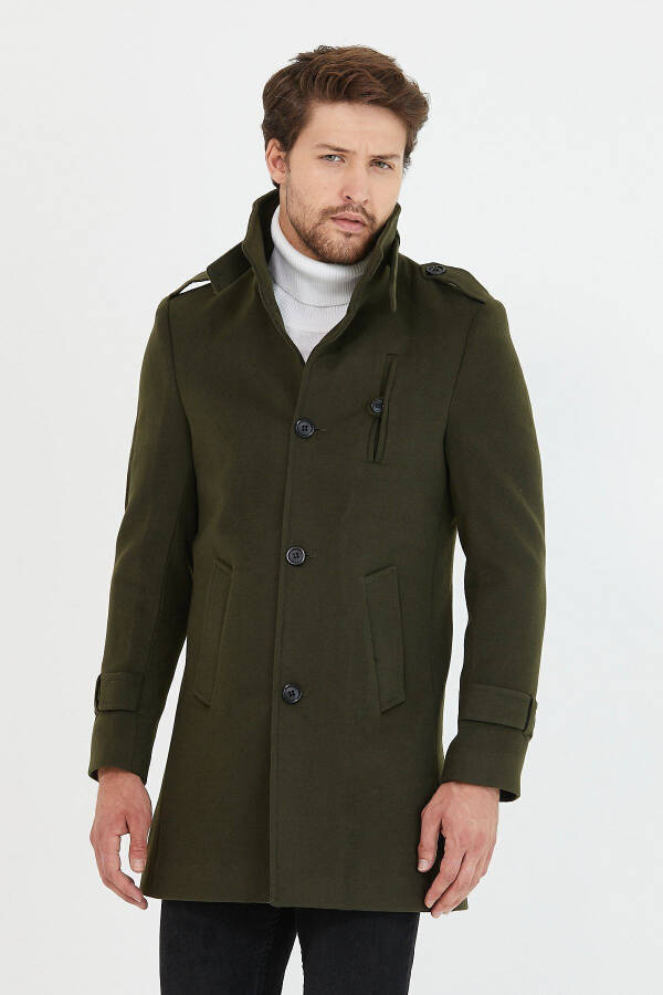 Men's Khaki Slim Fit Peaked Lapel Long Wool Blend Cashmere Coat - 9