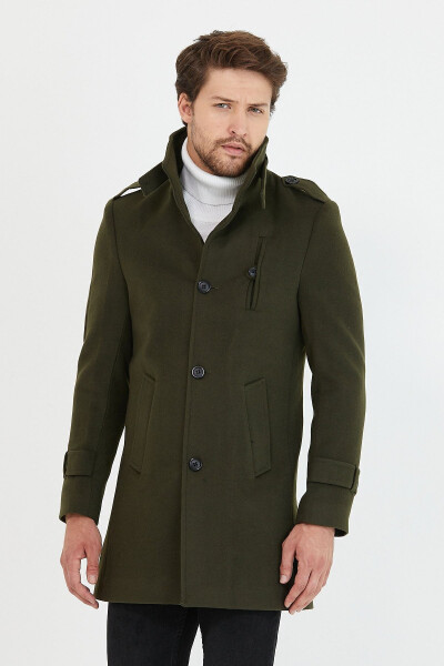 Men's Khaki Slim Fit Peaked Lapel Long Wool Blend Cashmere Coat - MERO LIFE