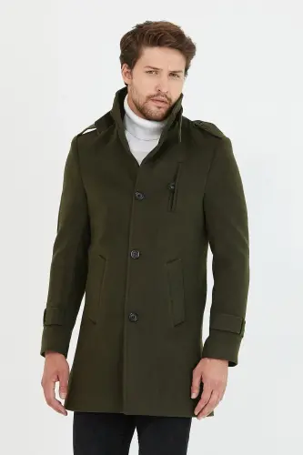 Men's Khaki Slim Fit Peaked Lapel Long Wool Blend Cashmere Coat 