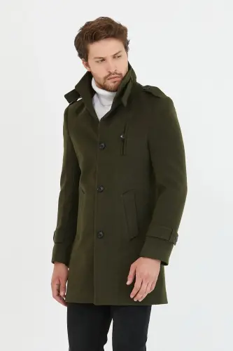 Men's Khaki Slim Fit Peaked Lapel Long Wool Blend Cashmere Coat - MERO LIFE (1)