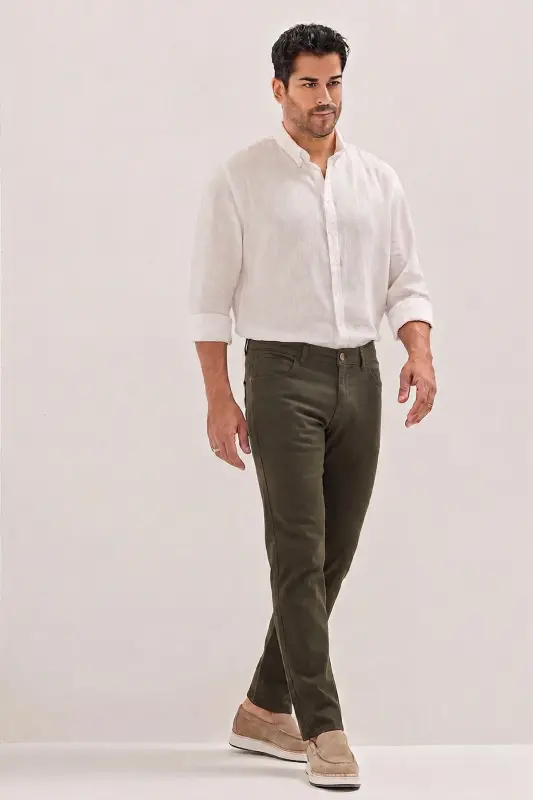 Men's Khaki Slim Fit Skinny 5 Pocket Cotton Canvas Stretch Chino Pants - 1