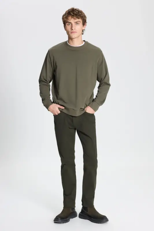 Men's Khaki Standard Fit Regular Cut Crew Neck Cotton Sweatshirt - Khaki - 2