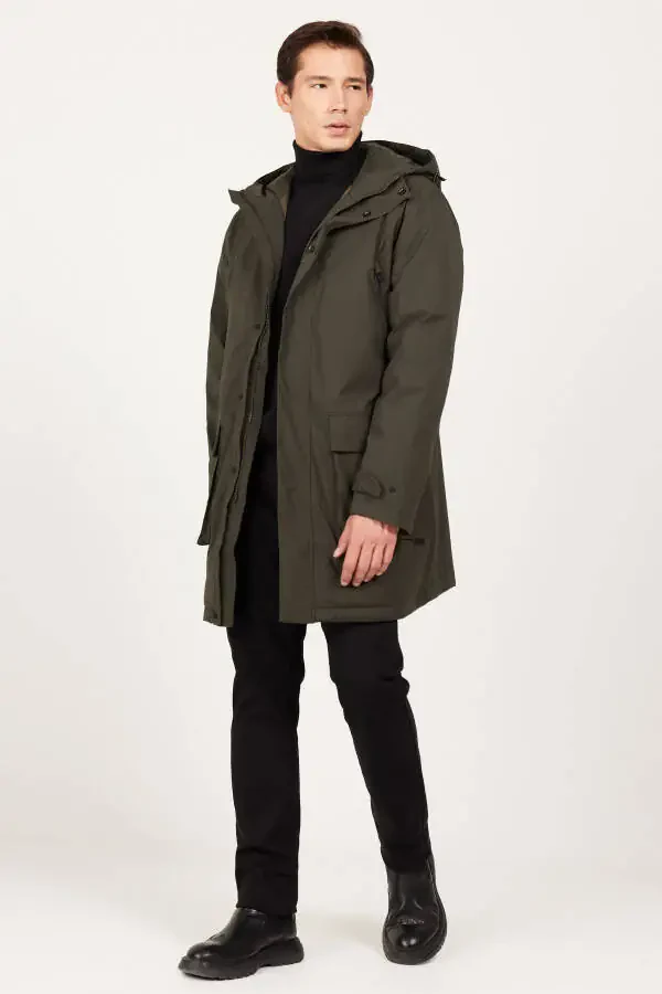 Men's Khaki Standard Fit Regular Cut Hooded Coat - 2