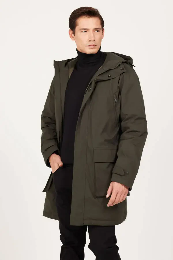 Men's Khaki Standard Fit Regular Cut Hooded Coat - 7