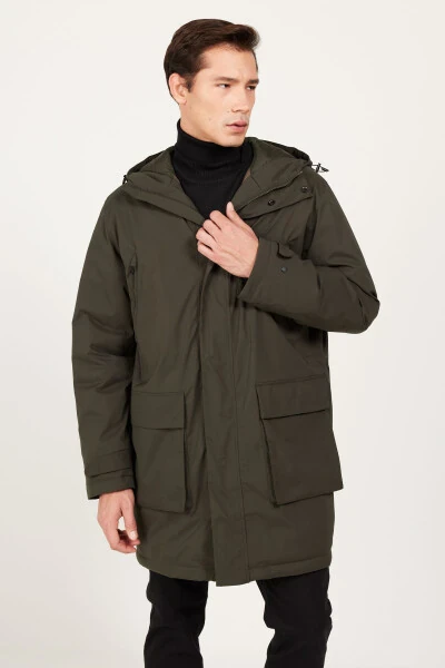 Men's Khaki Standard Fit Regular Cut Hooded Coat - 8