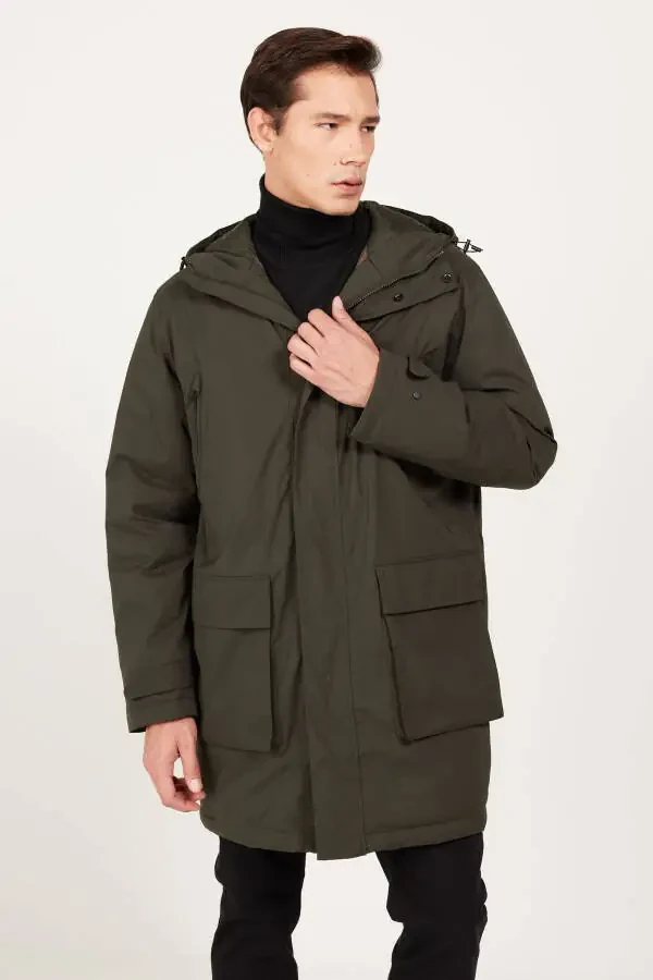 Men's Khaki Standard Fit Regular Cut Hooded Coat - 8