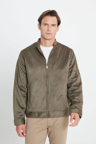 Men's Khaki Standard Fit Regular Cut Stand-Up Collar Suede - MODAZONE