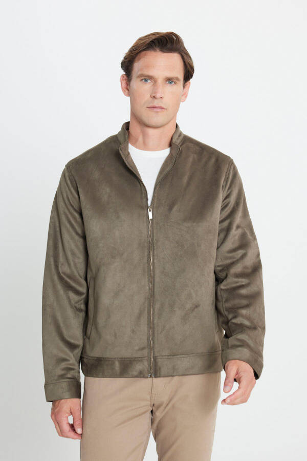 Men's Khaki Standard Fit Regular Cut Stand-Up Collar Suede - 1