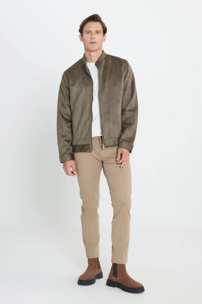 Men's Khaki Standard Fit Regular Cut Stand-Up Collar Suede - MODAZONE (1)