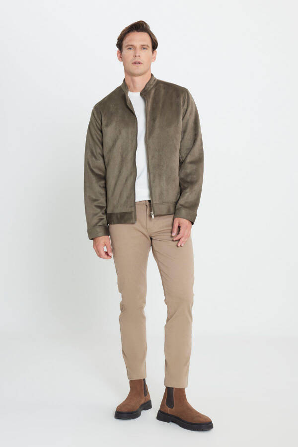 Men's Khaki Standard Fit Regular Cut Stand-Up Collar Suede - 2