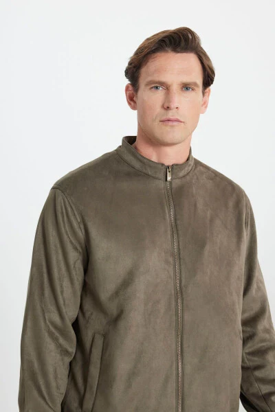 Men's Khaki Standard Fit Regular Cut Stand-Up Collar Suede - 4