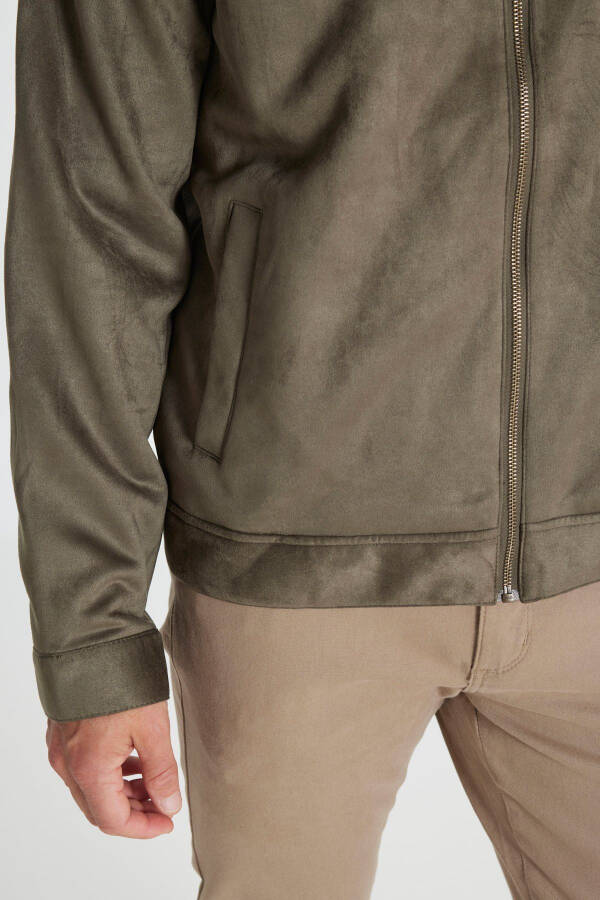 Men's Khaki Standard Fit Regular Cut Stand-Up Collar Suede - 5