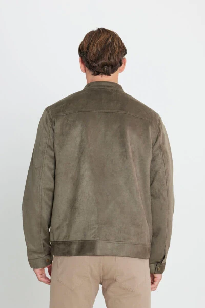 Men's Khaki Standard Fit Regular Cut Stand-Up Collar Suede - 6