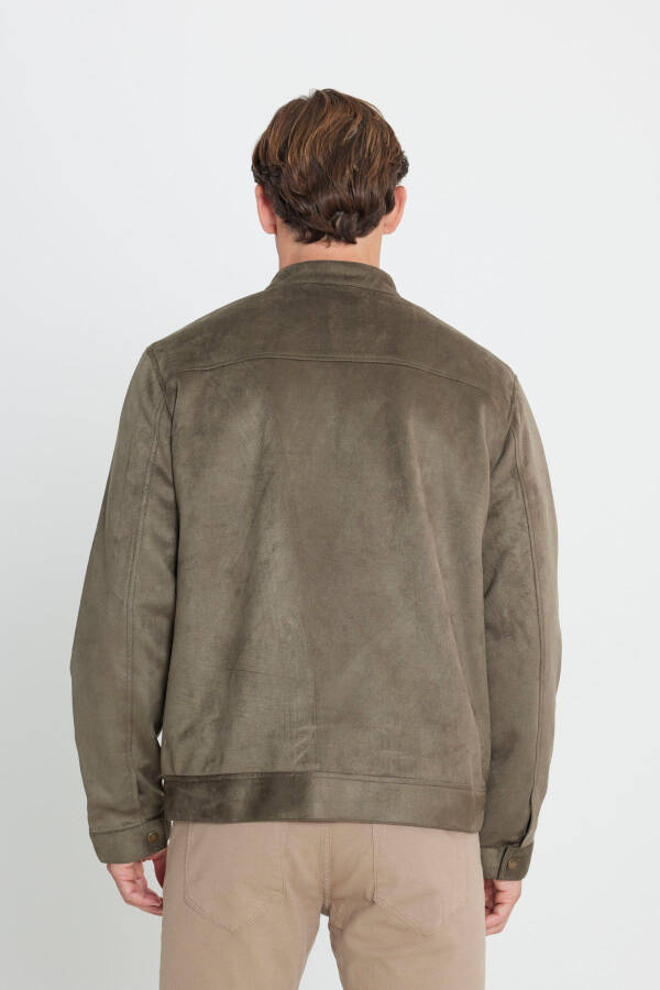 Men's Khaki Standard Fit Regular Cut Stand-Up Collar Suede - 6