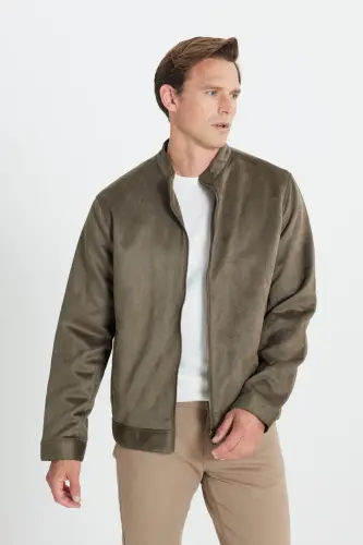 Men's Khaki Standard Fit Regular Cut Stand-Up Collar Suede - 2