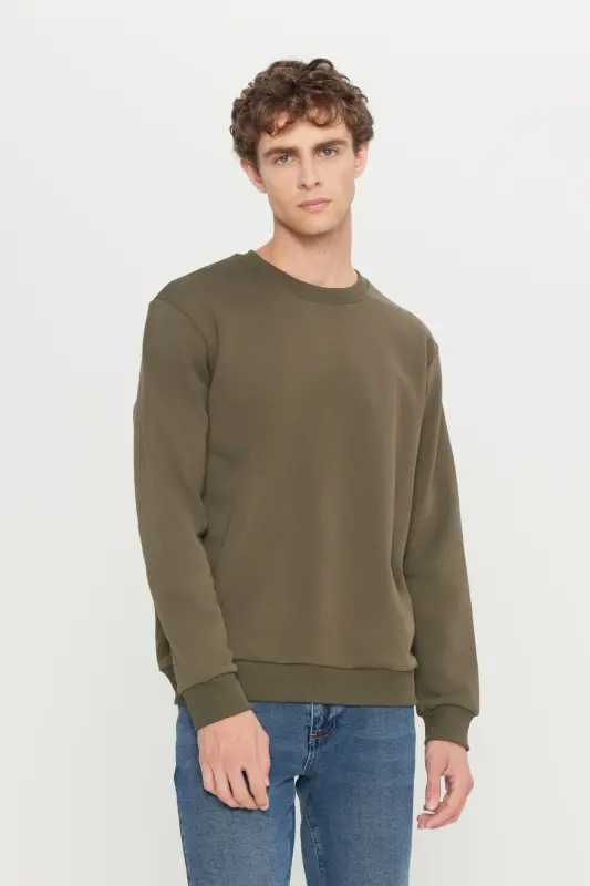 Men's Khaki Standard Fit Regular Fit Fleece Lined 3 Thread Crew Neck Cotton Sweatshirt-Khaki - 15