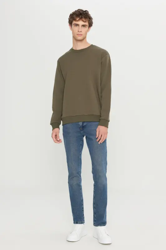 Men's Khaki Standard Fit Regular Fit Fleece Lined 3 Thread Crew Neck Cotton Sweatshirt-Khaki - 6