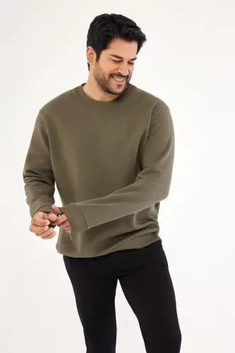 Men's Khaki Standard Fit Regular Fit Fleece Lined 3 Thread Crew Neck Cotton Sweatshirt-Khaki 