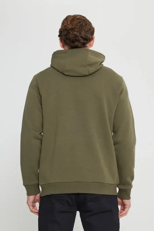 Men's Khaki Standard Fit Regular Fit Fleece Lined 3 Thread Hooded Kangaroo Pocket Cotton Sweatshirt-Khaki - 6