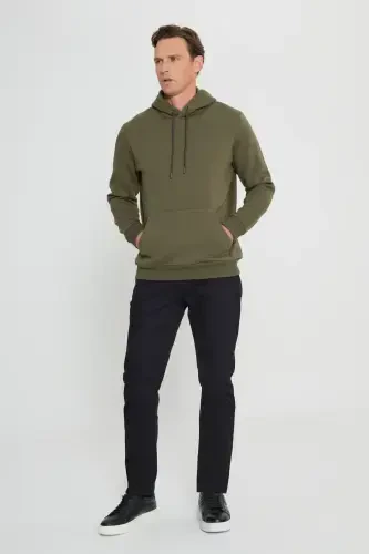 Men's Khaki Standard Fit Regular Fit Fleece Lined 3 Thread Hooded Kangaroo Pocket Cotton Sweatshirt-Khaki - Modazone (1)