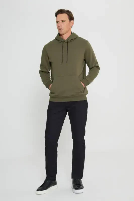Men's Khaki Standard Fit Regular Fit Fleece Lined 3 Thread Hooded Kangaroo Pocket Cotton Sweatshirt-Khaki - 2