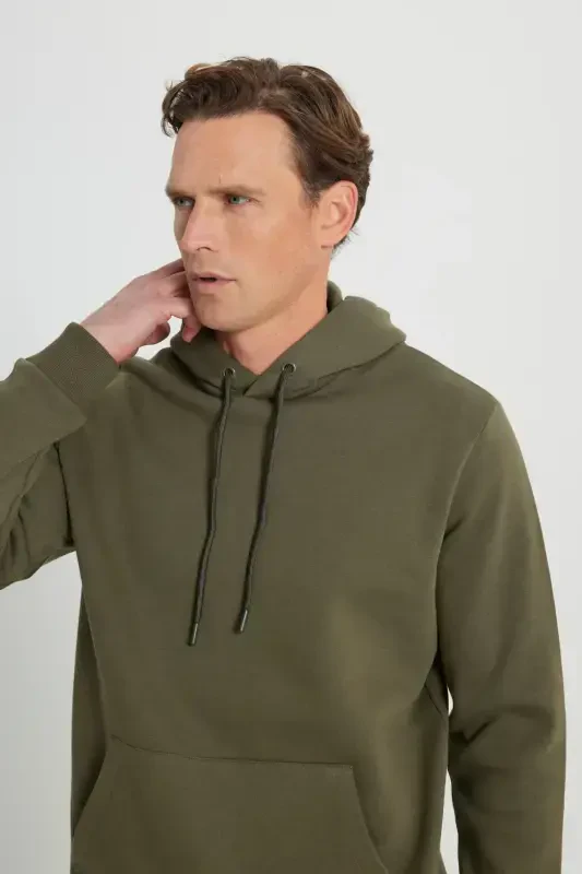 Men's Khaki Standard Fit Regular Fit Fleece Lined 3 Thread Hooded Kangaroo Pocket Cotton Sweatshirt-Khaki - 4