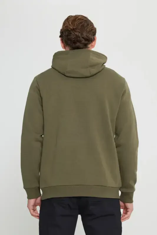 Men's Khaki Standard Fit Regular Fit Fleece Lined 3 Thread Hooded Kangaroo Pocket Cotton Sweatshirt-Khaki - 5