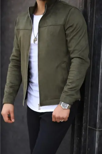Men's Khaki Suede Spring Jacket-KHAKI - 4