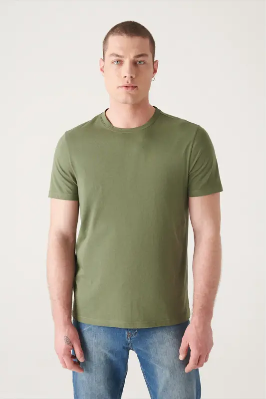 Men's Khaki T-shirt 100% Cotton Breathable Crew Neck Regular Fit E001000 - AVVA