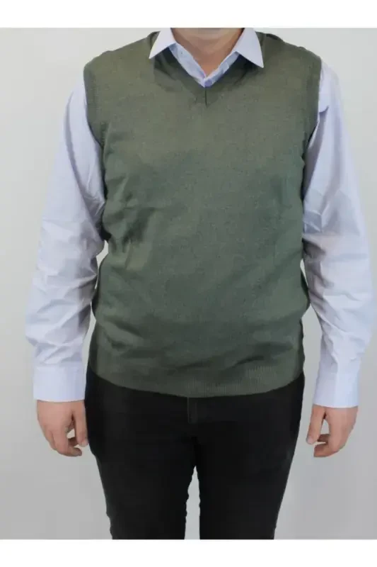 Men's Khaki V-Neck Sweater-KHAKI GREEN - NACAR ÇARŞI