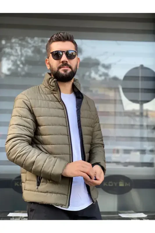 Men's Khaki Waterproof Zip-Up Puffer Jacket-Khaki - 4