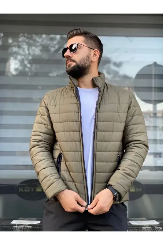 Men's Khaki Waterproof Zip-Up Puffer Jacket-Khaki - 5