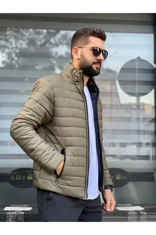 Men's Khaki Waterproof Zip-Up Puffer Jacket-Khaki - 6