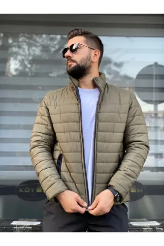Men's Khaki Waterproof Zip-Up Puffer Jacket-Khaki - 5