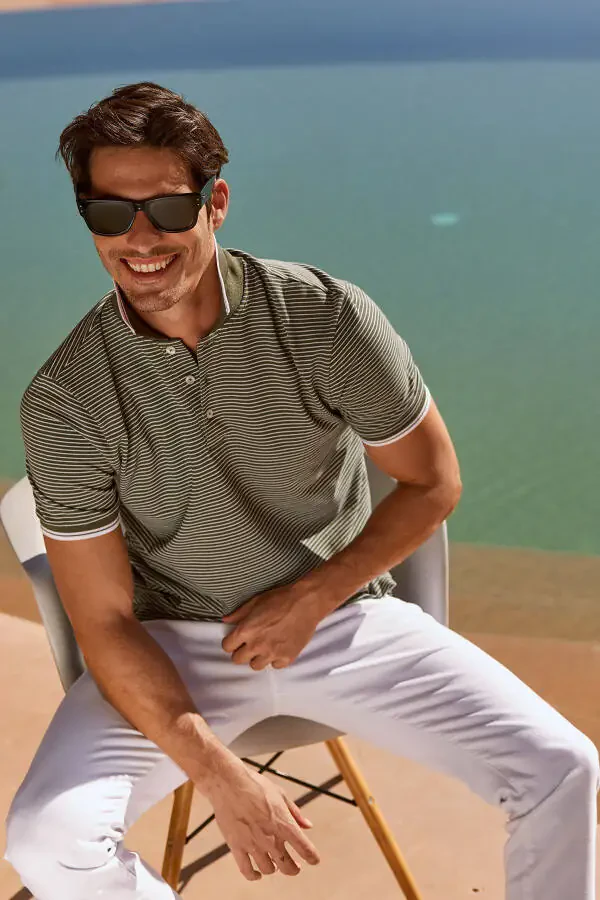 Men's Khaki-White Slim Fit Cotton Striped Polo Shirt - 2