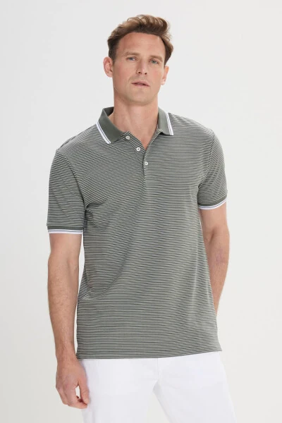 Men's Khaki-White Slim Fit Cotton Striped Polo Shirt - 3