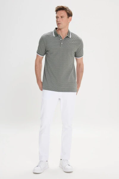 Men's Khaki-White Slim Fit Cotton Striped Polo Shirt - 4