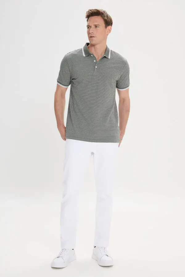 Men's Khaki-White Slim Fit Cotton Striped Polo Shirt - 4