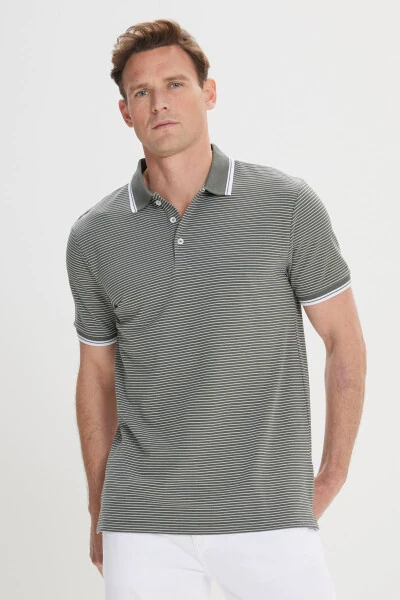 Men's Khaki-White Slim Fit Cotton Striped Polo Shirt - 5