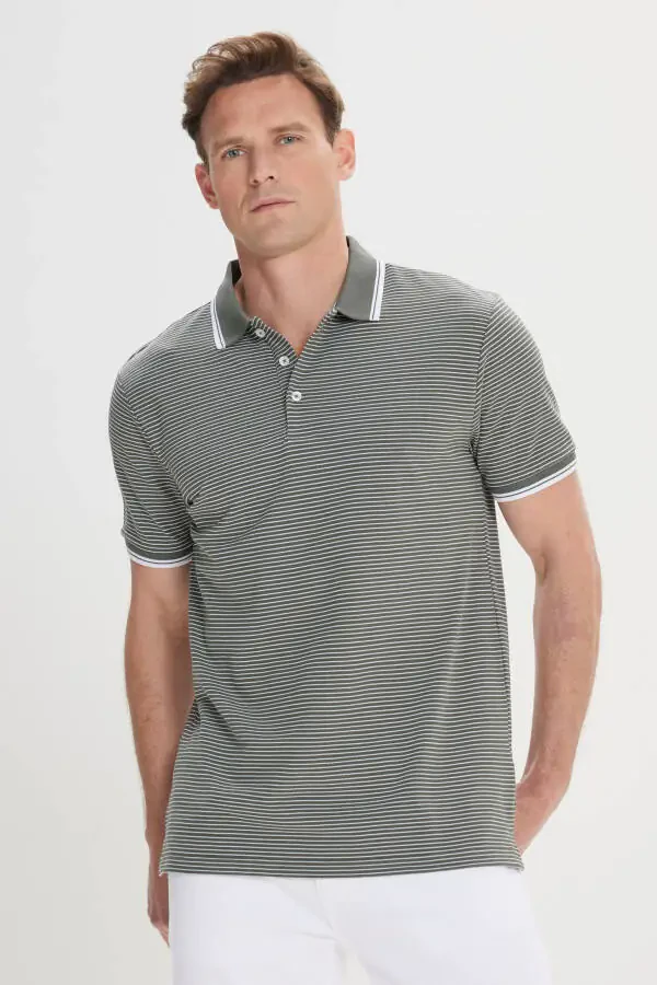Men's Khaki-White Slim Fit Cotton Striped Polo Shirt - 5