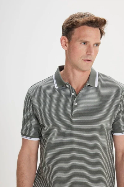 Men's Khaki-White Slim Fit Cotton Striped Polo Shirt - 6